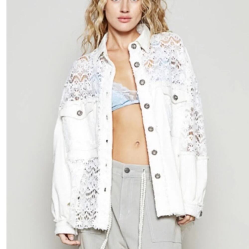POL White Lace Cotton Twill Shacket Oversized Button Front Long Sleeve L